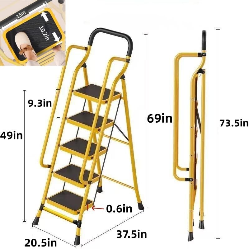 5 Step Ladder with Handrails, 300 lbs Capacity Folding Step