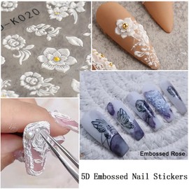 5D Engraved Flower Nail Art Stickers Decals Holographic Embossed White Flowers Daisy Rose Leaf Nail Self-Adhesive Sticker Designs Blossom Floral Nail Transfer Decal for Women Manicure Tips Decorations