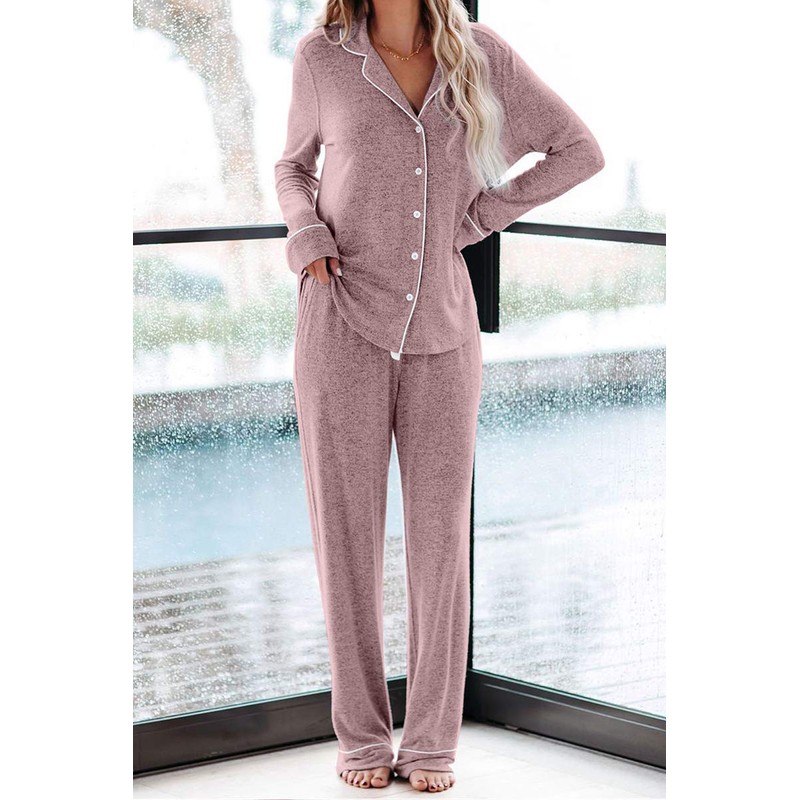 Aamikast Women's Two-piece Classic knit Pajama Sets Long Sleeve Button