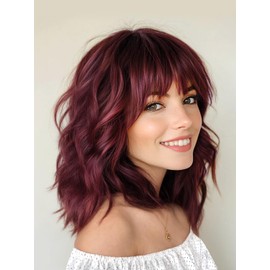 Aokiya Short Wine Red Wig with Bangs Bob Curly Wavy Hair Wigs for Women Burgundy Shoulder Length Style Wig Synthetic Heat Resistant Wig for Everyday Hairstyle 16 Inch
