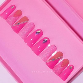 Nailzotica Medium Length Reusable Acrylic Gel UV High Quality Handmade Luxury Press On Nails - Style: Pink Ur Poison (Duck Shape/30mm Length), Size: Small