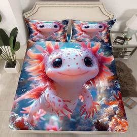 Axolotl Bedding Set Single Size 3D Print Cute Marine Life Animal Bed Set for Teens Kids Sheet Kawaii Salamander Undersea Coral Seaweed Plants Bed Cover(1 Fitted Sheet+1 Pillow Case)