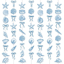 Sea Blue Bow Starfish and Seashell Garlands Summer Ocean Party Supplies 8PCS Coastal Starfish and Seashell Banners Nautical Party Decorations for Marine Baby Shower Wedding Bachelorette Decor