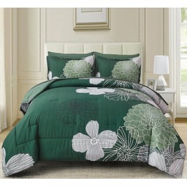 Yiran 7 Pieces King Size Comforter Set,Dark Green Floral Bed in a Bag Comforter and Sheet Set, Soft Microfiber Lightweight Bedding Set for All Season 104"×90"