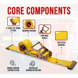 Mytee Products 8 Pack 2'' x 12' E-Track Ratchet Tie-Down Straps with Manual Rocker Winder - 4,500 lbs BS - Heavy Duty Yellow Cargo Strap for Trucks, Trailers, Flatbeds & Pickups