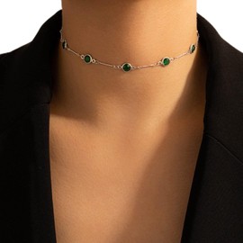Wendalern Boho Emerald Crystal Choker Necklace Silver Rhinestone Collar Necklaces Green Emerald Gemstone Necklace Short Rhinestone Necklace Jewelry for Women and Girls