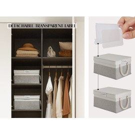 LoforHoney Home Fabric Storage Bins with Lids for Organizing, Foldable Storage Boxes with Lids for Shelves, Clothes Baskets with Cotton Rope Handles, Closet Storage Bins, Large, Beige & Gray, 2-Pack