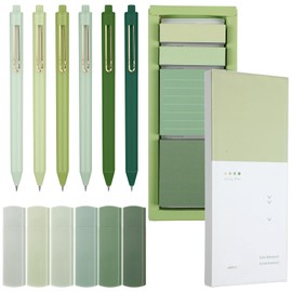 Resurhang Aesthetic Stationery Set Supplies Sticky Notes Set 6 Mini Correction Tapes 6 Retractable Black Ink Pens 0.5mm Fine Point Paper Corrective Pen Self Stick Index Tabs(Green)
