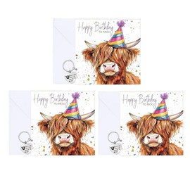 3 Pcs Highland Cow Gifts for Women, Adorable Object Lover Highland Cow Keyring,Highland Cow Birthday Card,Highlands Cows Keychain Suitable for Graduation Gifts Birthdays Cute Animal Themed Parties