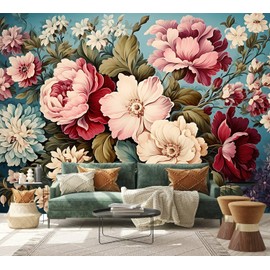 PYFFYP- Pink Vintage Garden Flowers Wallpaper murals for Living Room（Not Peel and Stick）