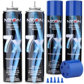 NEON Butane Refill, 300ml 7X Filtered Premium Butane Fuel, 4 Cans Pure Refined Lighter Fluid with 0 Impurities & 5 Different Nozzle Adapters for Refillable Lighters, Butane Torches, Kitchen Blow Torch