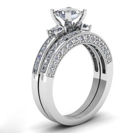 wedding ring set Two Rings His Hers Couples Rings Women's 10k White Gold Filled Heart CZ Wedding Engagement Ring Bridal Sets Men's Titanium Wedding Band