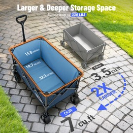 Overmont Ultra-Compact Collapsible Wagon Cart - 200L Portable Folding Wagon with All-Terrain Wheels Utility for Beach, Grocery Shopping, Camping, and Gardening – 330lbs Load Capacity Blue