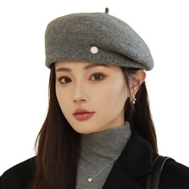 Karsaer G0172 Beret Women's Autumn Winter Wool Blend, Solid, Simple, Popular, Cute Hat, Easy to Wear, Adjustable Size, Casual, gray