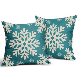 Sivirary Teal Christmas Pillow Covers 18x18 Inch Set of 2, Xmas Snowflakes Rustic Winter Themed Decorative Throw Pillow Cases Outdoor Linen Cushion Covers Farmhouse Sofa Couch Bed Decor
