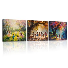 Piy Painting Pictures on Canvas, Art Prints on Canvas Over Cheerful Playing Under a Large Tree, Canvas Home Decoration for Living Room, Bathroom, Built-in Frame, Set of 3, 30 x 30 cm