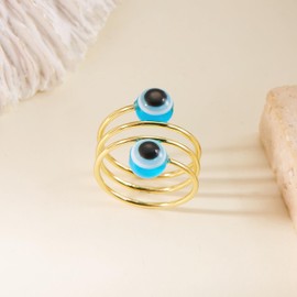 Pingyongchang Colorful Evil Eye Ring for Women Gold Healing Stacking Ring Amulet Lucky Statement Jewelry Gift Size 7-Light Blue