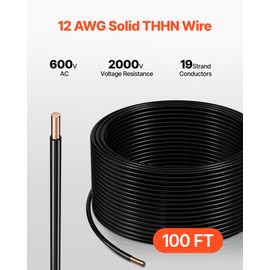VEVOR 12 AWG Solid THHN Wire, 100% OFC Copper Electrical Building Wire with Nylon Jacket PVC Insulation, Rated for Up to 600 Volts, Heavy-Duty for Residential, Industrial, Commercial, Black (100 Feet)