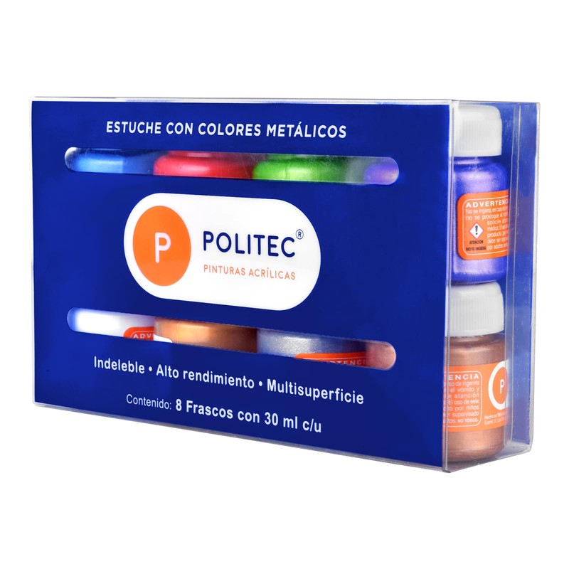 Set Con 8 Piezas De Acrilico Politec 30ml Metalico