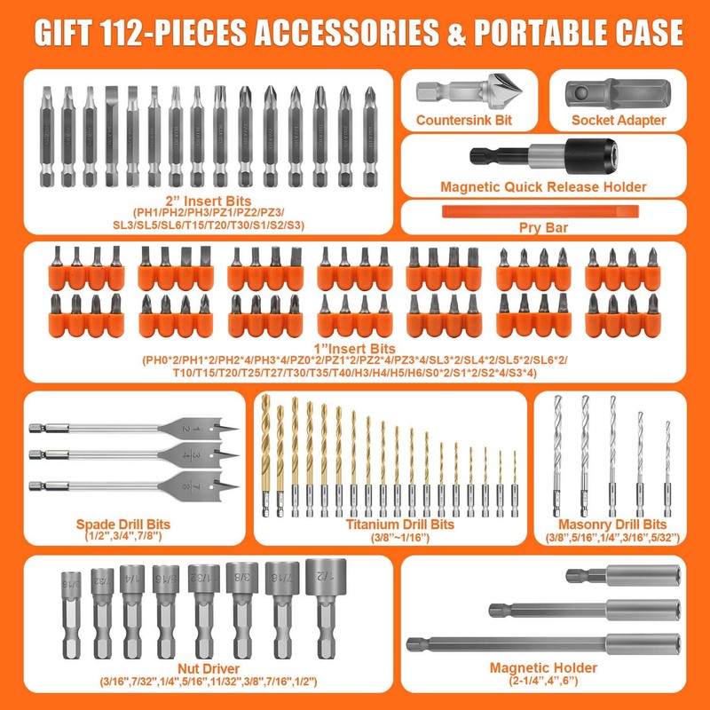 ENERTWIST Drill Bit Set, 112-Pieces 1/4" Hex Shank Impact Driver