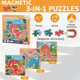NiCola Magnetic Puzzles for Toddlers 3-6, Dinosaur Jigsaw Puzzles 25-30-42 Pieces, Learning Magnet Puzzle for Road Trip Kids Birthday Gifts (Dinosaur)
