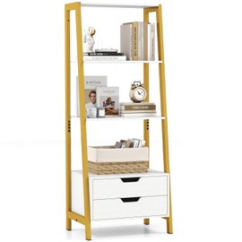 Tangkula 4-Tier Ladder Shelf with 2 Drawers, 52.5" Tall Freestanding Bookcase with Sturdy Metal Frame, Shelving Unit Display Rack with Storage for Bedroom, Living Room, Home Office (1,White+Gold)