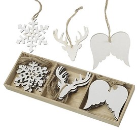 Set of 18 White Wooden Hanging Decorations with Angel Wings, Snowflake and Deer Antler Design