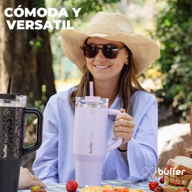 Buffer Flask - Vaso Térmico - Termo Acero Inoxidable, Termos para Agua Cafe- Regalos para Mujer - Mantiene Frio 24 hrs, Calor 12 hrs - Incluye Popote (SOAKED LILAC, 40 Oz / 1200 ml)