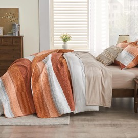 Andency Orange Quilt King(106x96Inch), 3 Pieces (1 Striped Quilt and 2 Pillowcases) Patchwork Striped Bedspread Coverlet Set, Soft Microfiber Lightweight All Season Quilted Bedding Set