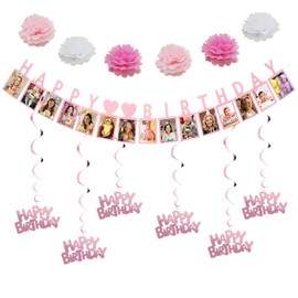 DWEARTY Rose Gold happy birthday banner for women and girls - Can Be Accompanied by Photos - Pink birthday party decorations sign for home and office