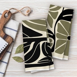 ERYBHKRTYH Boho Abstract Floral Kitchen Towels Set - Retro Green Black Flower Decorative Waffle Dish Towels, Mid Century Modern Decorative Hand Tea Towel, 16x24 Inch Set of 2