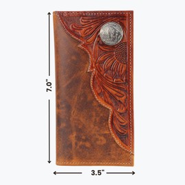 American Bison Tooled Side Rodeo Wallet with Conchos – Oil Pull Up – Durable, Stylish & RFID Protected (Buffalo Nikle, Tan)