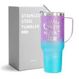 Onebttl Funny Birthday Gifts for Women, Her, Birthday Queen, 40 oz Tumbler with Handle, Glittery Purple and Teal Ombre, Queens are Born in June