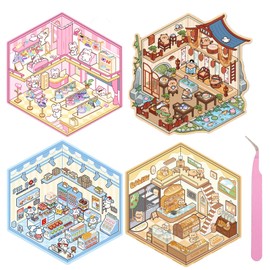 DIY 3D House Stickers 4 Sets 3D Cartoon Miniature Scene Stickers, House Scene Stickers, Build Your Own Home. Suitable for Boys and Girls to Relieve Stress, with 1 Tweezers
