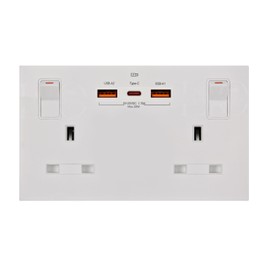 Double Socket with USB | Type-C + USB-A | 35W Super-Fast Charge | White Screwless Wall Outlet 13A