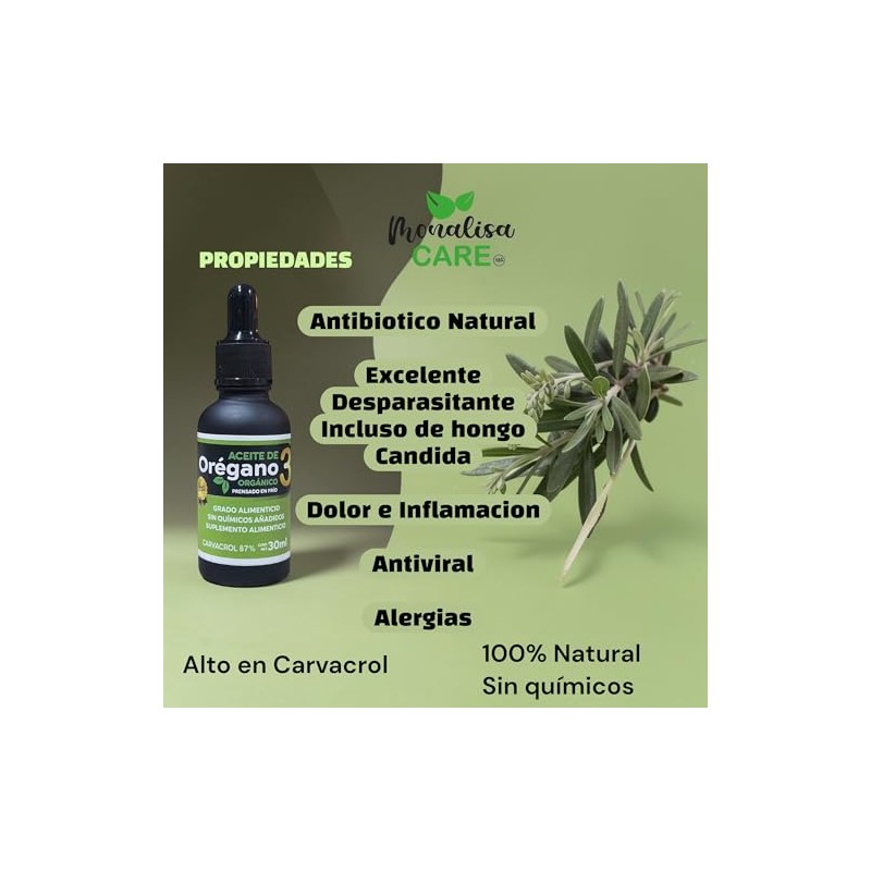 Aceite de Orégano Orgánico, 50 ml, 87% Carvacrol, Grado Alimenticio