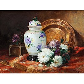 Still Life Flowers Aster vase Dish by Eugene Henri Cauchois Accent Tile Mural Kitchen Bathroom Wall Backsplash Behind Stove Range Sink Splashback One Tile 10"x8" Ceramic, Glossy