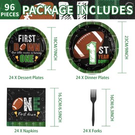 Grencian 96Pcs Football Party Decorations First Down Football Birthday Party Plates Disposable 350GSM Football Paper Tableware Set for Gameday Boys 1st Football Birthday Party, Serves 24