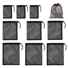 PYRUVAE 9 Pezzi Sacchetti a Rete con Coulisse in Nylon Nero, Organizer Multiuso in 3 Dimensioni, Sacchetti Filtro per Laghetto e Acquario, Borse Portaoggetti per Spiaggia e Giochi (Nero)