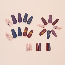 LYMCY Press on Nails French,Vintage Frosted Flower Stripe False Nails, Artificial Nails for Women and Girls -24 pcs