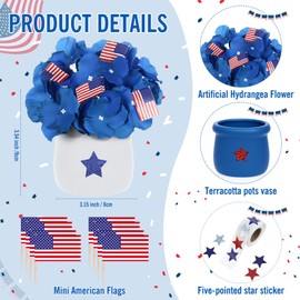 Funnymoom 6 Pack Memorial Day Decorations 4th of July Centerpieces Patriotic Terracotta Pots Vase with Artificial Hydrangea Flower Star Stickers and Mini American Flags for Labor Day Independence Day