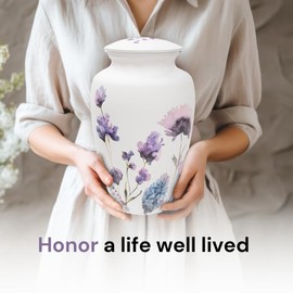 Always with Us Cremation Urns for Human Ashes Adult Female | Human Urn for Ashes for Women | Decorative for Cremation, Funeral, Burial, Home | Handcrafted Large Size - Purple Flower