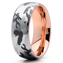 Silly Kings Jewelry 8mm Camouflage Camo Tungsten Carbide Wedding Band Rose Gold Dome Army Navy Marines Ring 8