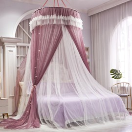 AIKASY Girls and Adults Canopy Bed, Elegant Double-Layer Bed Curtain, Children's Dream Round Lace Mosquito Net, Princess Canopy Net - Fits Twin, Full, Queen, and King Beds (White/Red Bean)