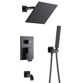 POP SANITARYWARE Matte Black Shower Faucet Set with Tub Spout Bathroom Rainfall 8 Inch Shower Head System with Handheld Single Handle Shower Trim Kit with Valve