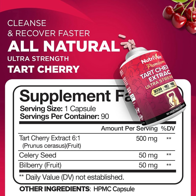 Nutrivein Premium Tart Cherry Capsules 3000mg: Ultra Strength Tart Cherry