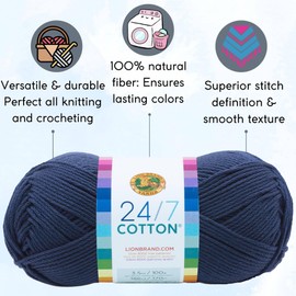 Lion Brand 24/7 Cotton Navy 761-110 (3-Skeins - Same Dye Lot) Worsted Medium #4 Cotton Yarn for Crocheting and Knitting - Bundle with 1 Artsiga Crafts Project Bag