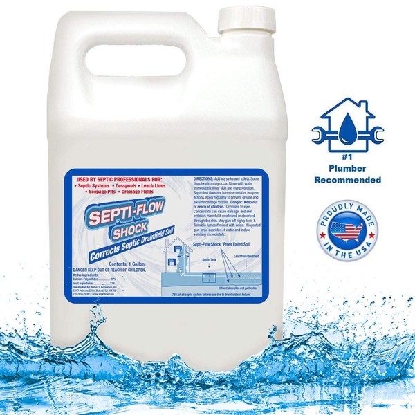 Septic Drain Leach Field Cleaner and Treatment- Septi-Flow Shock | Septic Tank Treatment, Clears Drain Fields, Dissolves Hardened Deadpan Soil, Complete Septic Line Repair (4) Gallon Set