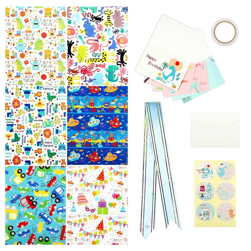 LEMESO 6 Papel Reutilizable de Regalo de Cumpleaños Papel de