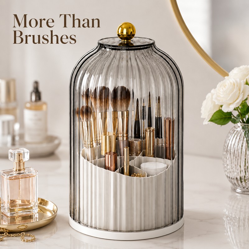 360° Rotating Makeup Brush Holder Organizer with Clear Cover –